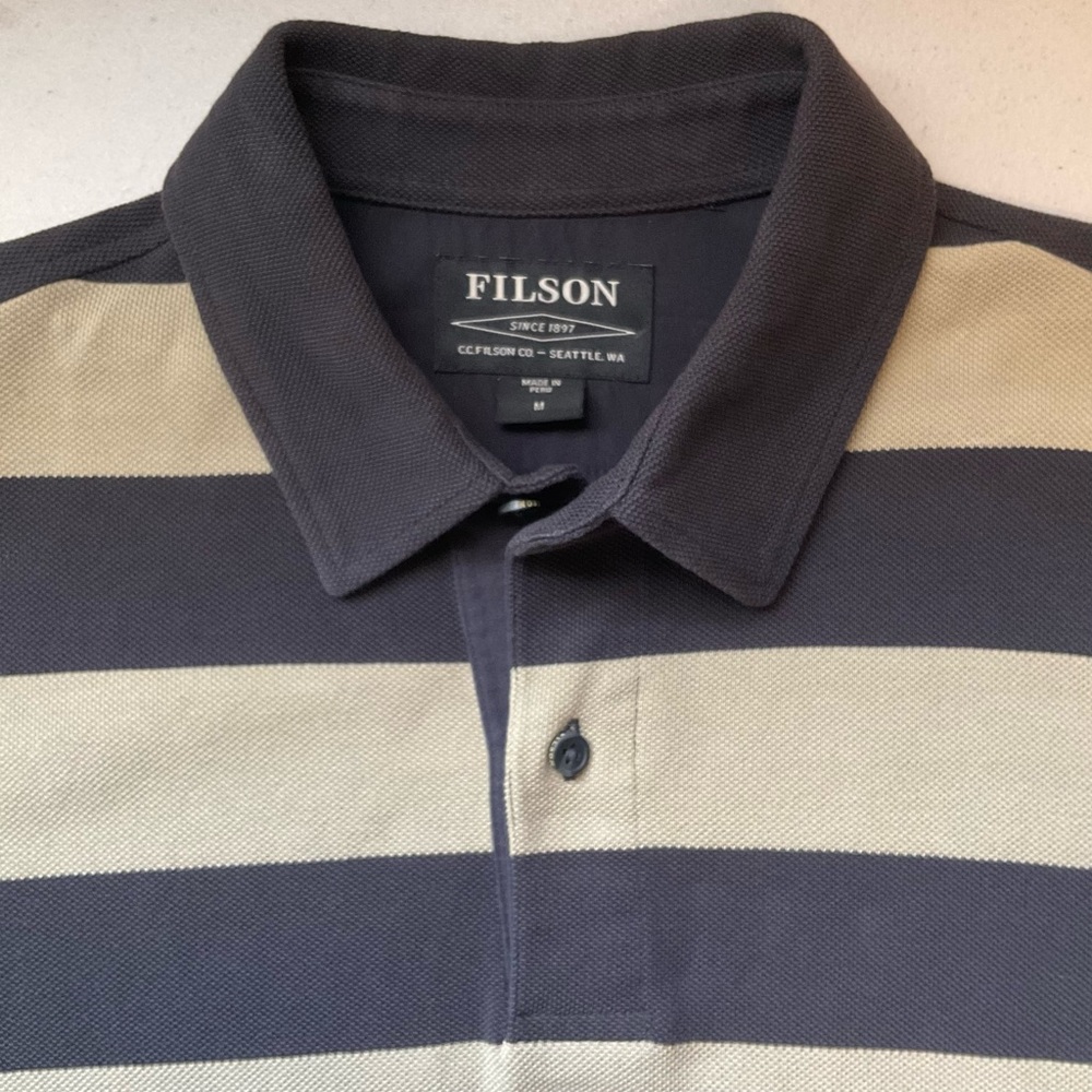 Filson Men’s Striped Polo Shirt Kakai & Faded Blue - Picture 8 of 14
